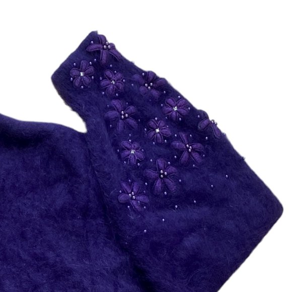 Vintage Angora Wool Sweater Purple Embroidered Flower Gems Dark Fairycore-L - Picture 3 of 14